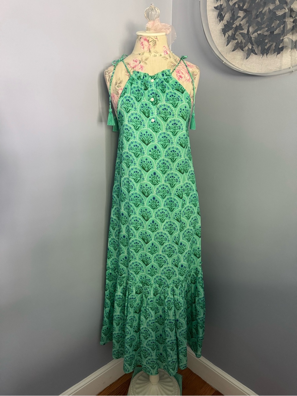 CELINA MOON Botanical Pattern Green and Blue Boho Maxi Dress